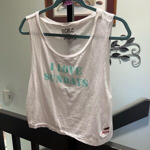 Peace Love World White and Blue Muscle Tee “ I LOVE SUNDAYS” #024